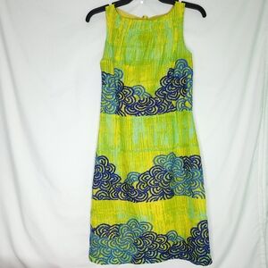 TABITHA ANTHROPOLOGIE Green/Yellow Sleeveless Dress With Blue Embroidery Size 2